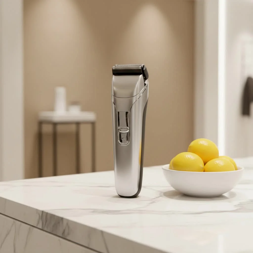 Person shaving with an electric shaver for a smooth finish