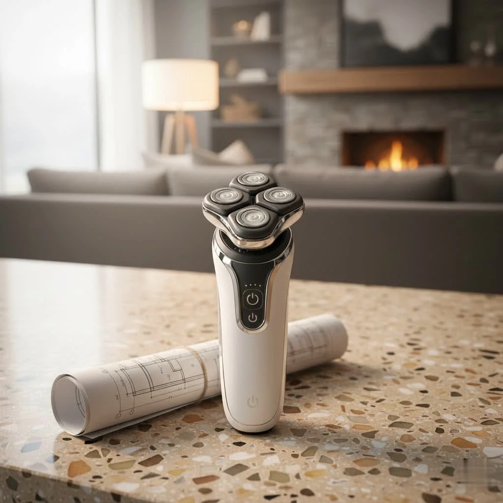Man using a small electric shaver for a quick touch-up