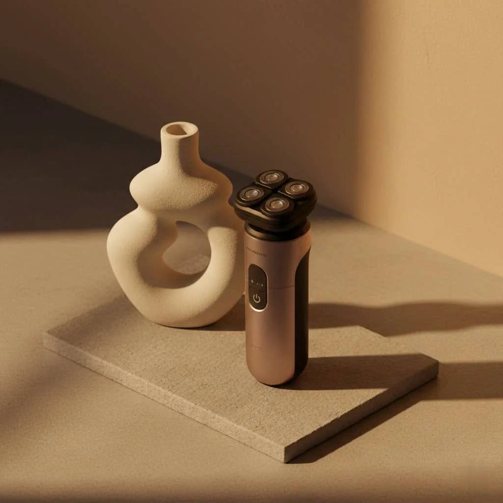 Close-up of a man using an electric ball shaver for intimate grooming
